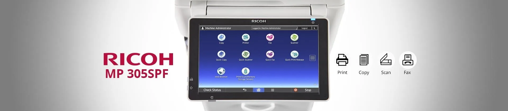 Ricoh MP 305SPF, multifuncional com impressão, cópia, digitalização e fax