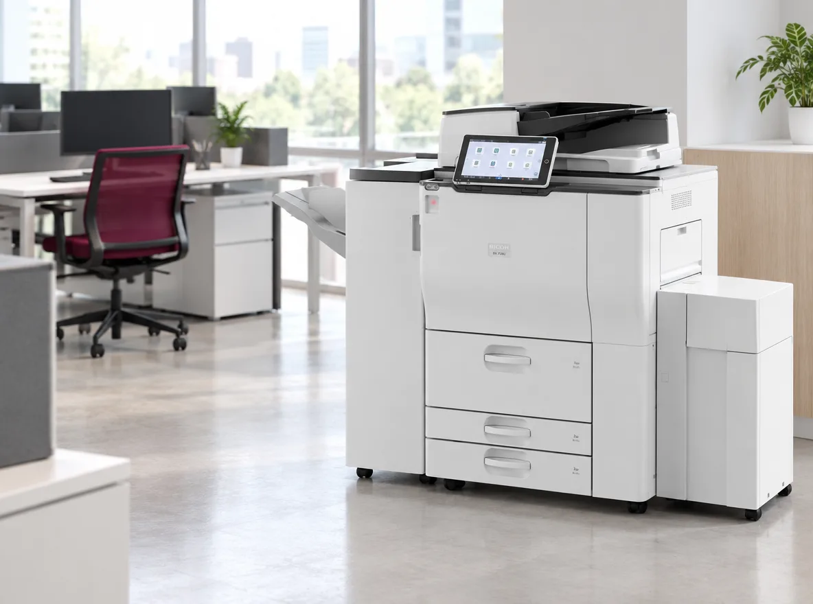 Multifuncional Ricoh IM 7000 num escritório claro, com mesas de trabalho ao fundo